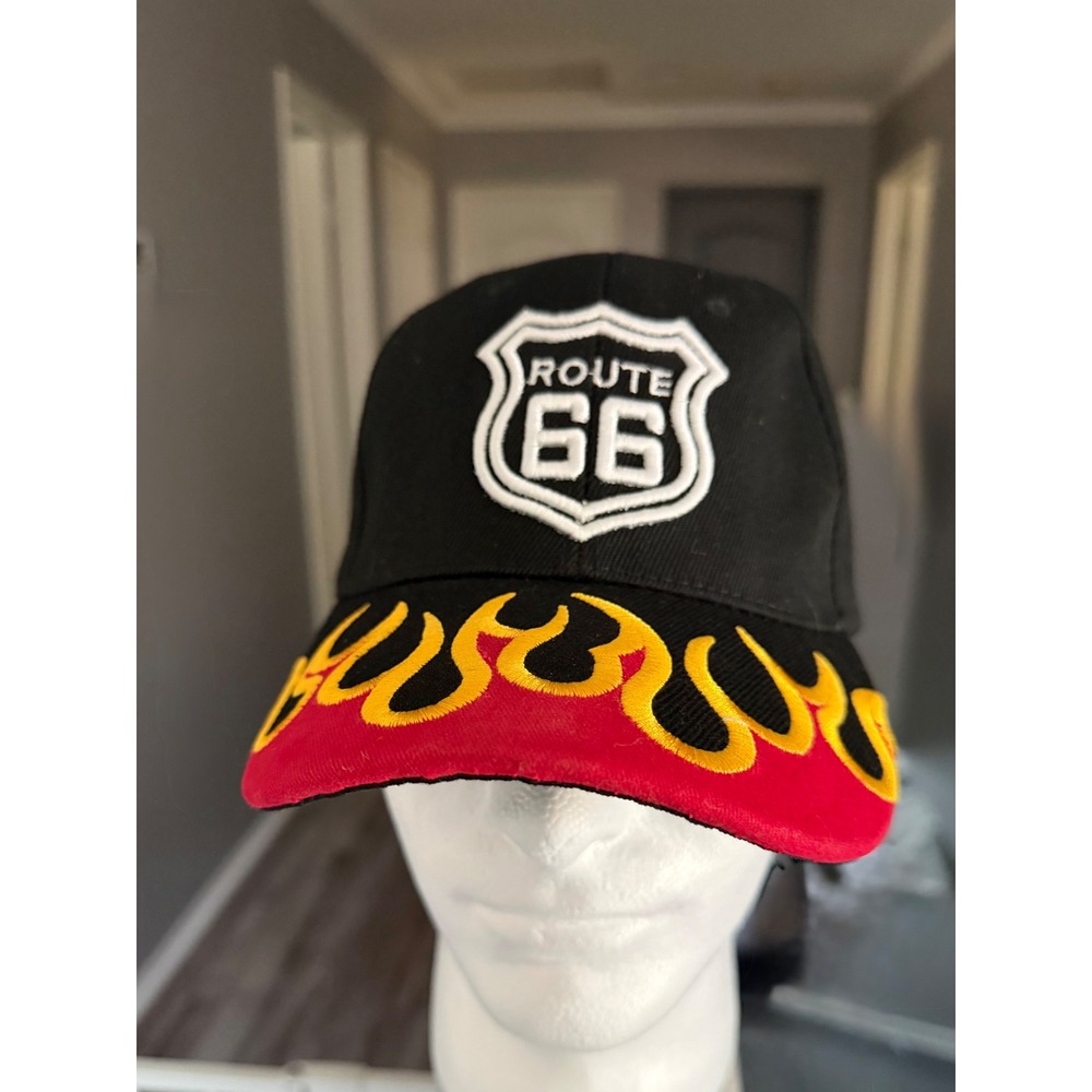 Route 66 Embroidered Flame Baseball Cap Black Red Yellow Adjustable Hat